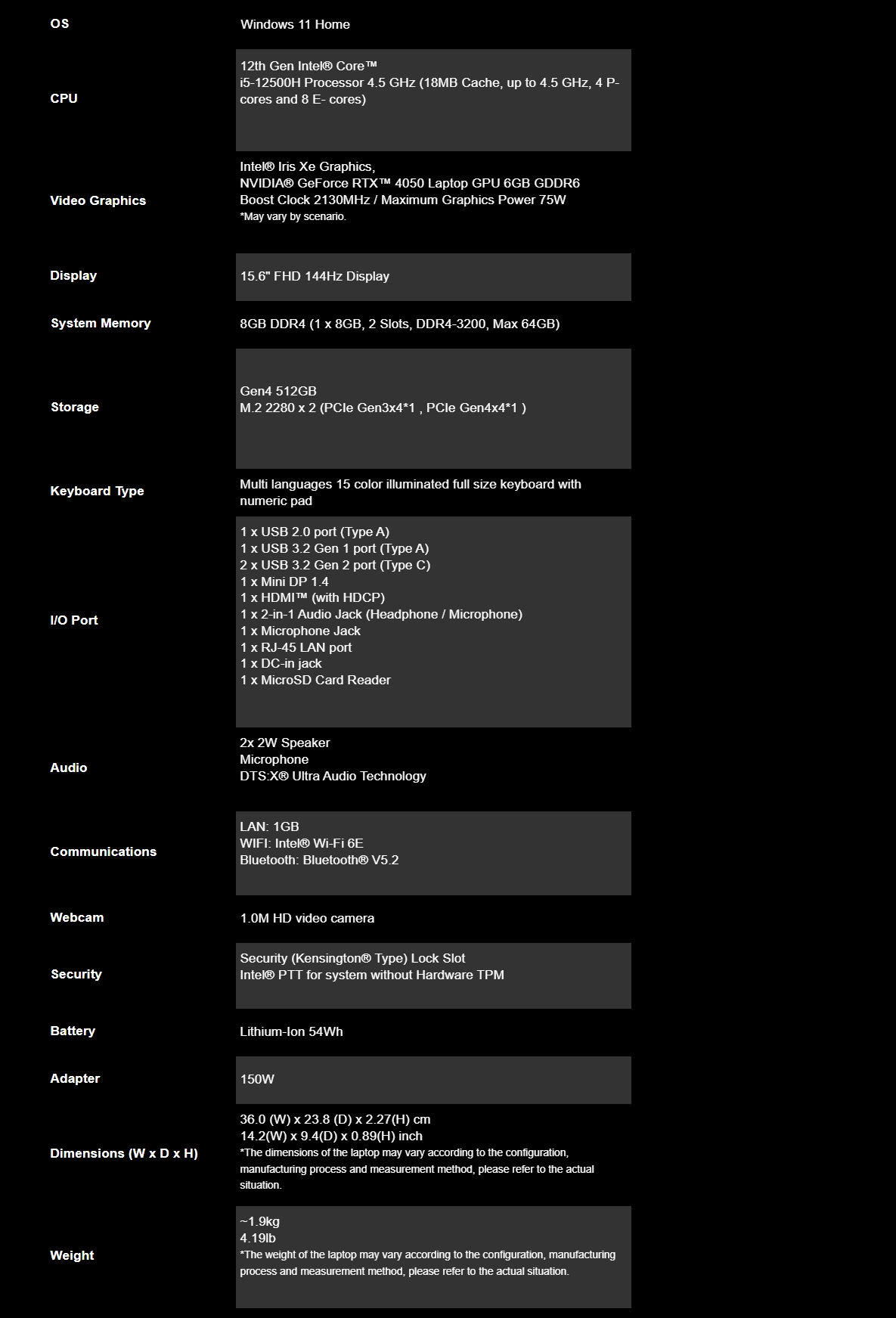 Gigabyte G5 MFE2AU333SH 15.6" 144Hz 12th Gen i5 12500H RTX 4050 Win 11