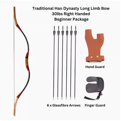 Traditional Han Dynasty Long Limb Bow 30lbs Right Handed Beginner Package